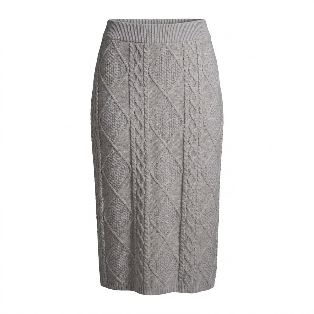 NEW Cliche Cable Knit Straight Pencil Midi Skirt Grey S Diamond Pattern Ribbed